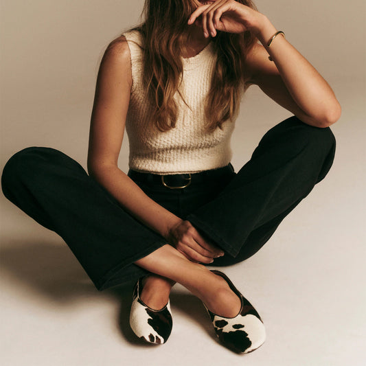 Cow Print Pony Hair Vegan Leather Square-Toe Ballet Flats