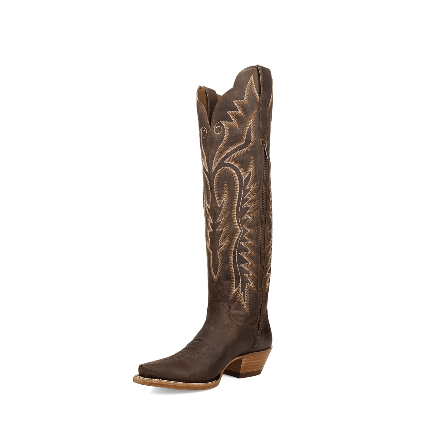 Brown Snip-Toe Side Fringe And Embroidery Full-Zip Knee High Cowgirl Boots