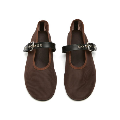Chocolate Mesh Round-Toe Ballet Flats With Bridge Strap