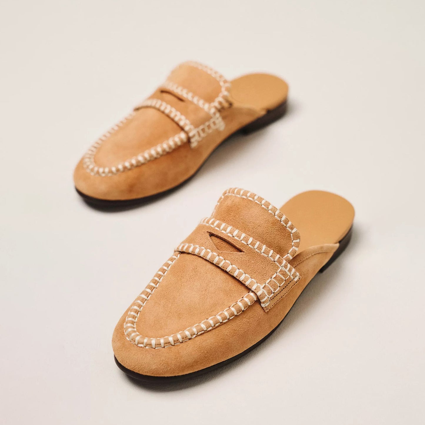 Camel Faux Suede Round-Toe Front Stitch Chic Loafers Flats