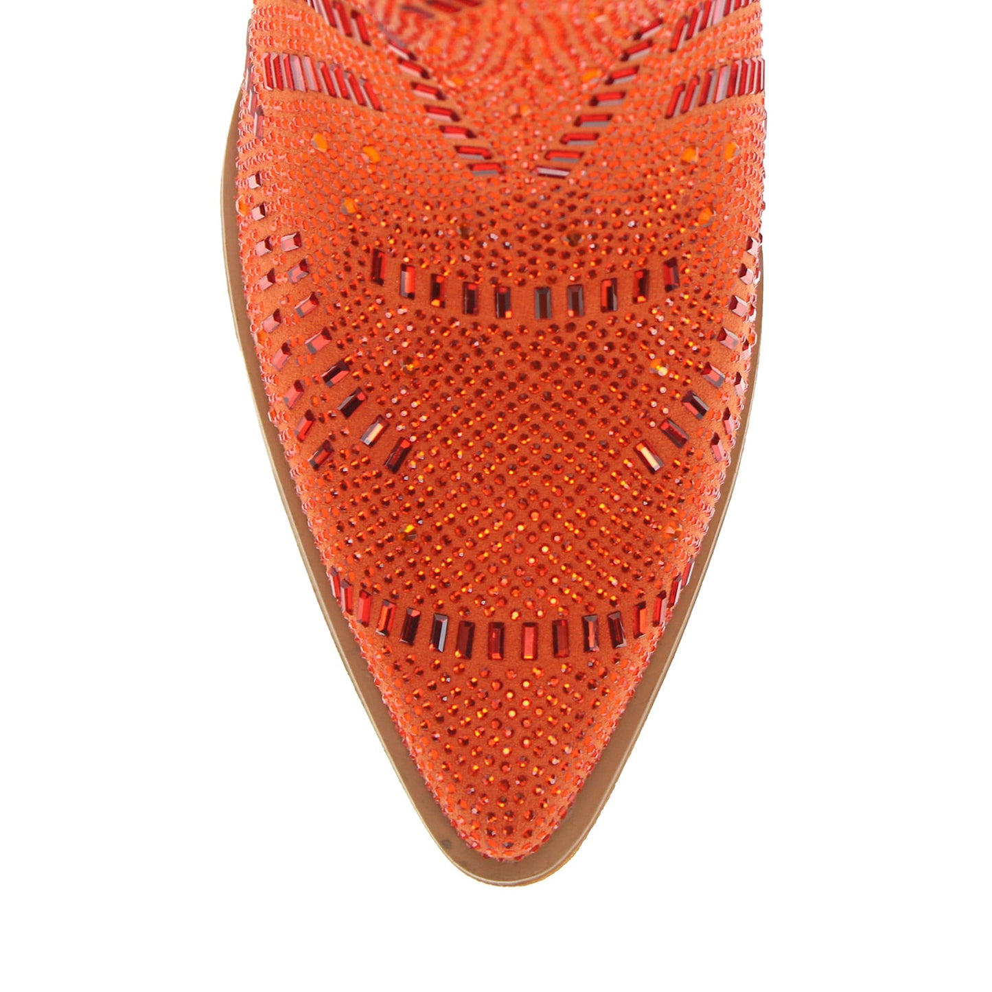 Orange Faux Suede Pointed-Toe Full Crystals Full-Zip Ankle Cowgirl Boots