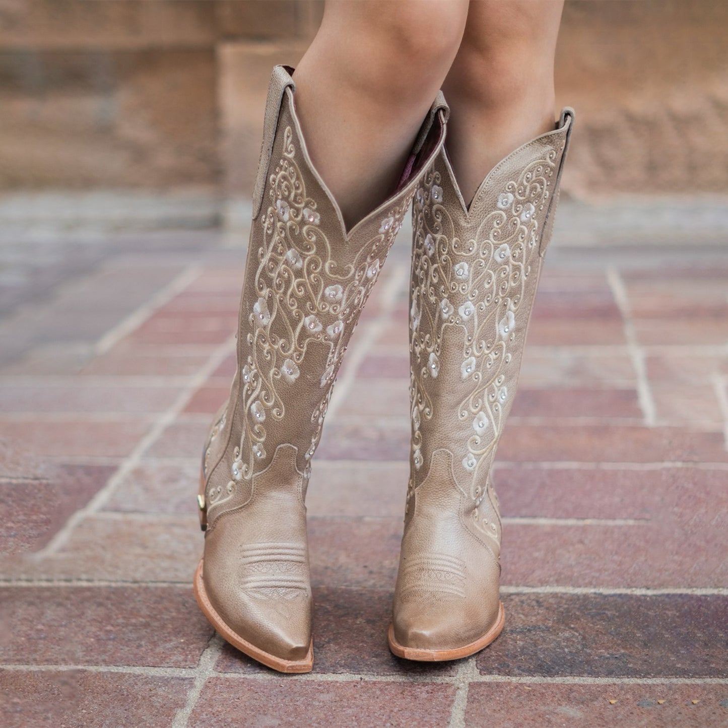 Metallic Khaki Snip-Toe Flower Embroidery Rhinestone Studs Wide Calf Knee High Cowgirl Boots
