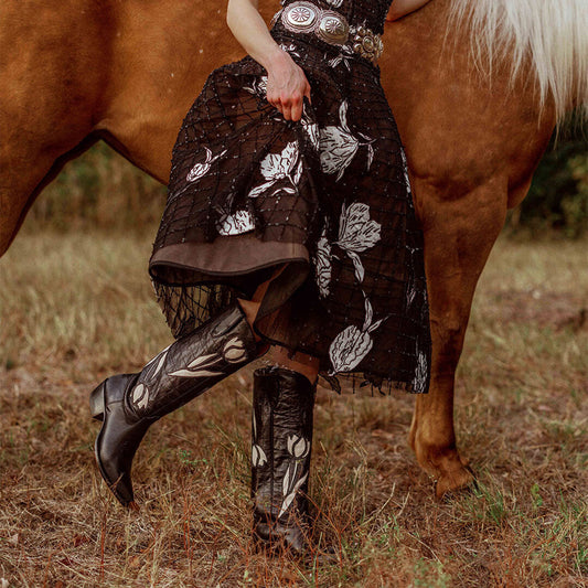 Black Snip-Toe Tulip Inlay Knee High Wide Calf Cowgirl Boots