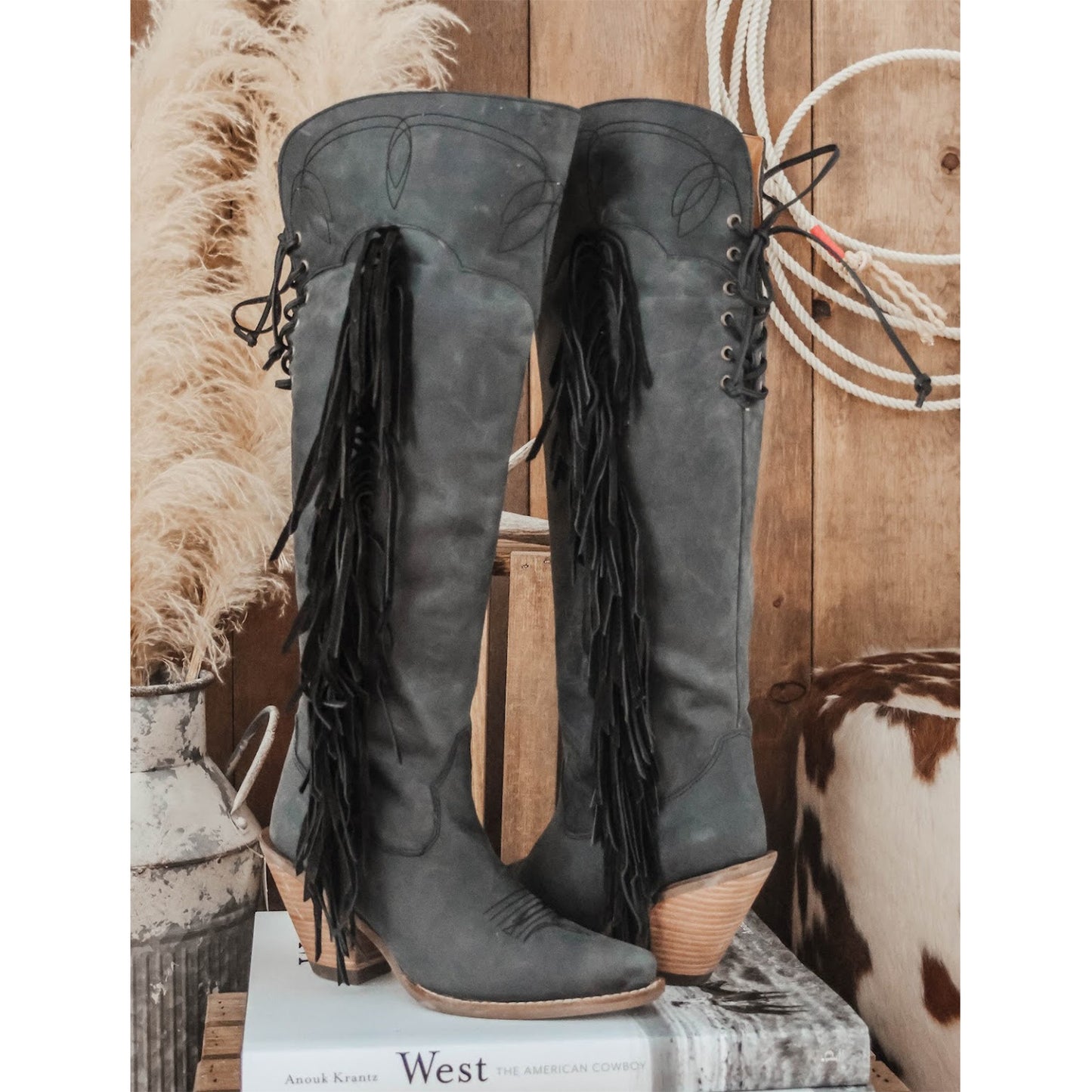 Black Snip-Toe Side Fringe And Embroidery Full-Zip Knee High Cowgirl Boots