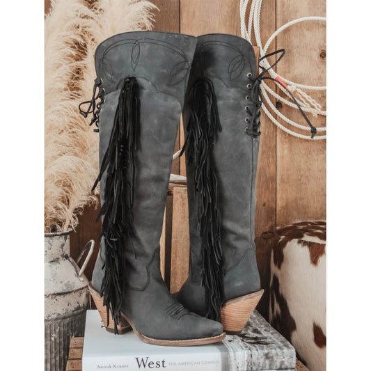 Black Snip-Toe Side Fringe And Embroidery Full-Zip Knee High Cowgirl Boots