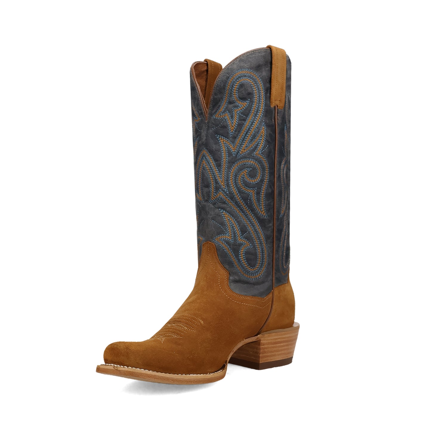 Contrast Turquoise Vegan Leather And Tan Faux Suede Square-Toe Embroidery Mid Calf Cowgirl Boots