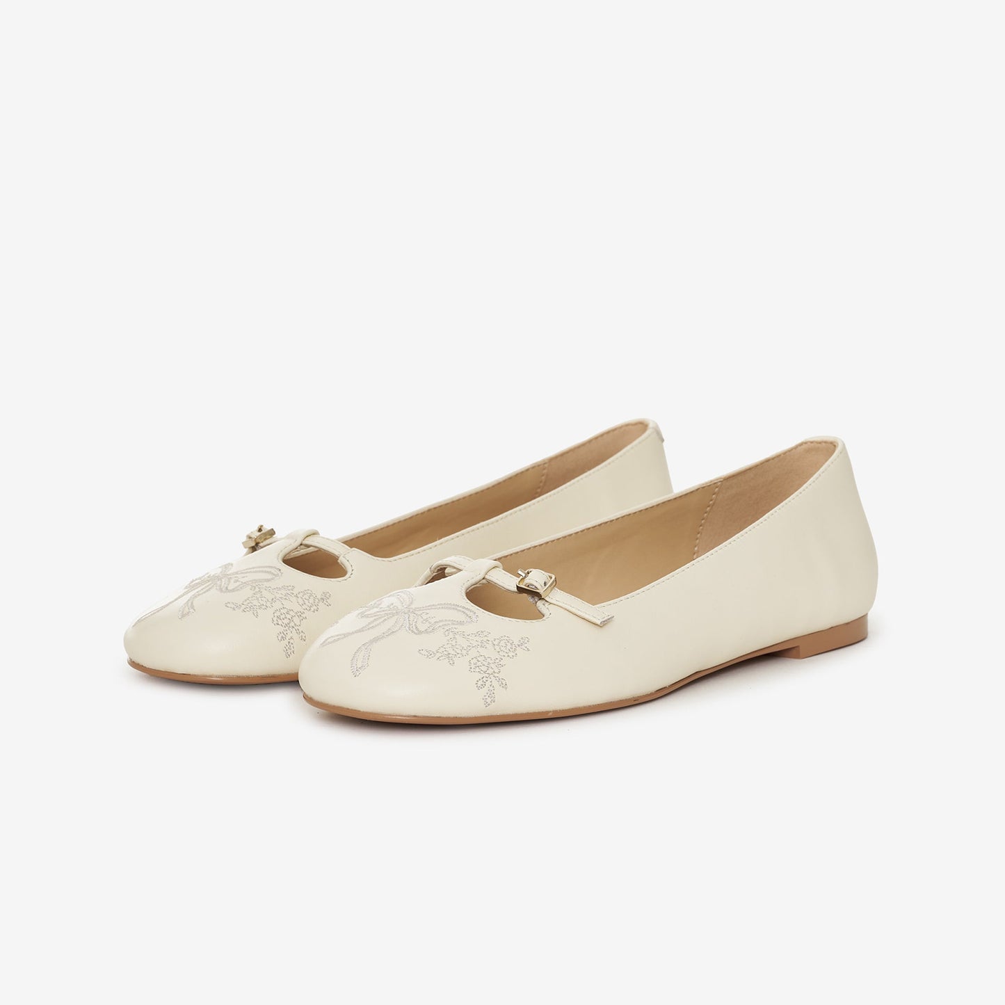 Cream Square-Toe Bow Embroidery Slip-On Ballet Flats