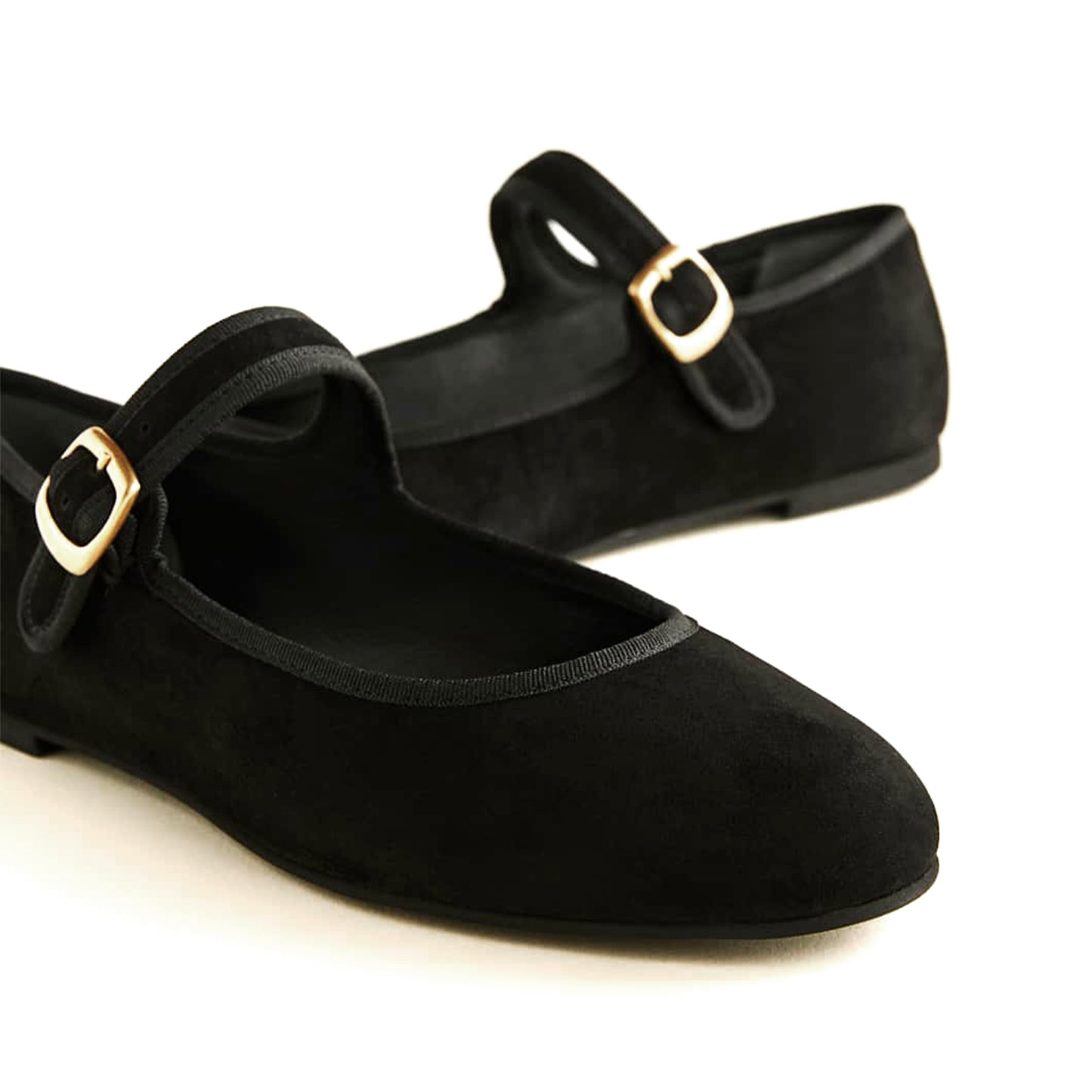 Black Faux Suede Round-Toe Bridge Strap Slip-On Flats