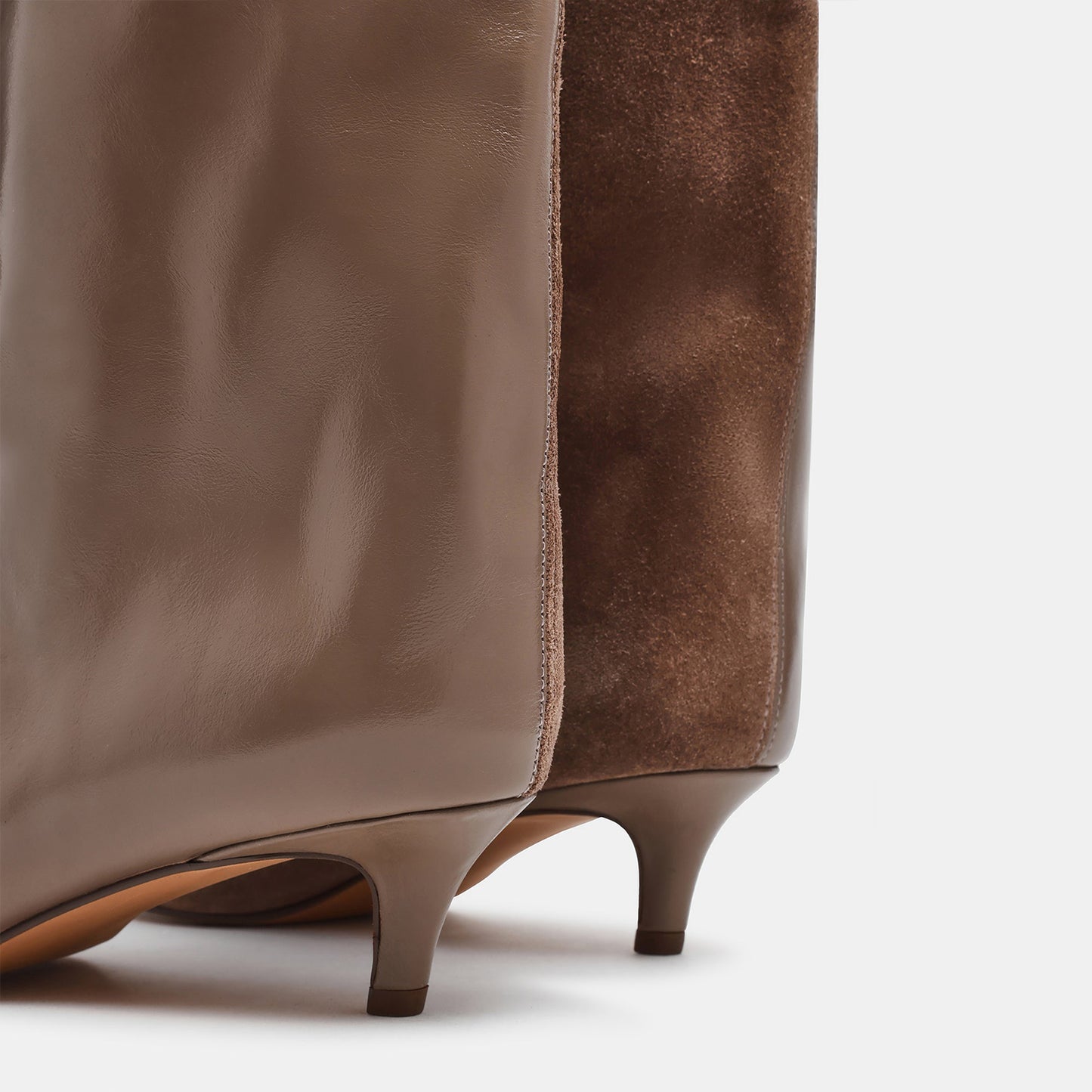 Taupe Faux Suede And Vegan Leather Pointed-Toe Wide Calf Knee High Stiletto Boots