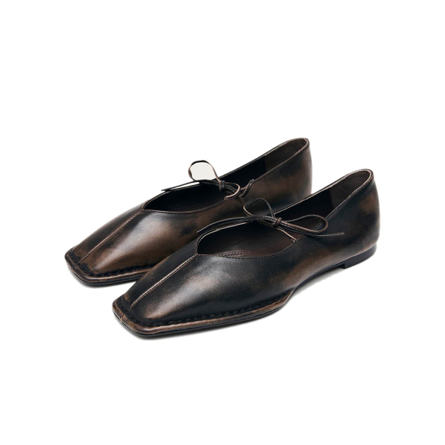 Vintage Brown Square-Toe V-Cut Vamps Middle Bow Ballet Flats