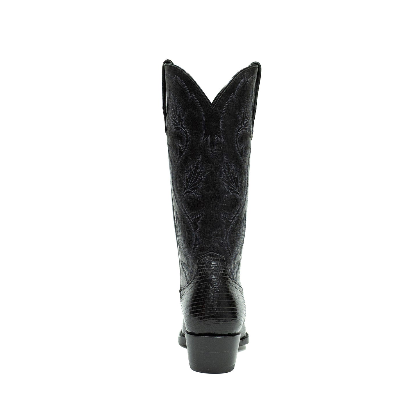Black Contrast Vegan Leather And Lizard Print Snip-Toe Embroidery Mid Calf Cowgirl Boots