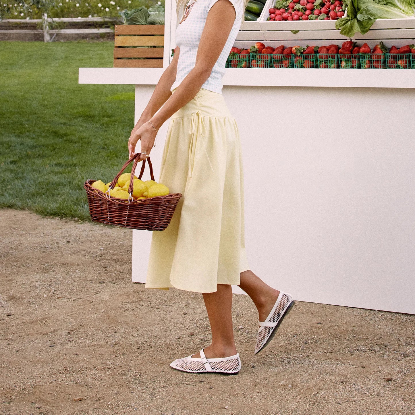 White Mesh And Patent Leather Square-Toe Mary Jane Ballet Flats