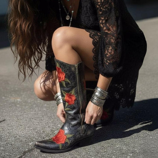 Black Snip-Toe Big Red Florals Embroidery Full-Zip Mid Calf Classic Cowgirl Boots