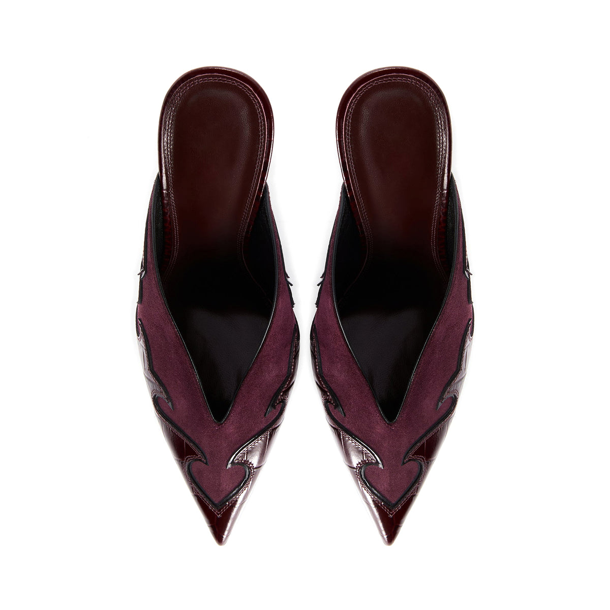 Burgundy Faux Suede And Crocodile Pattern Pointed-Toe Backless Slip-On High Heels
