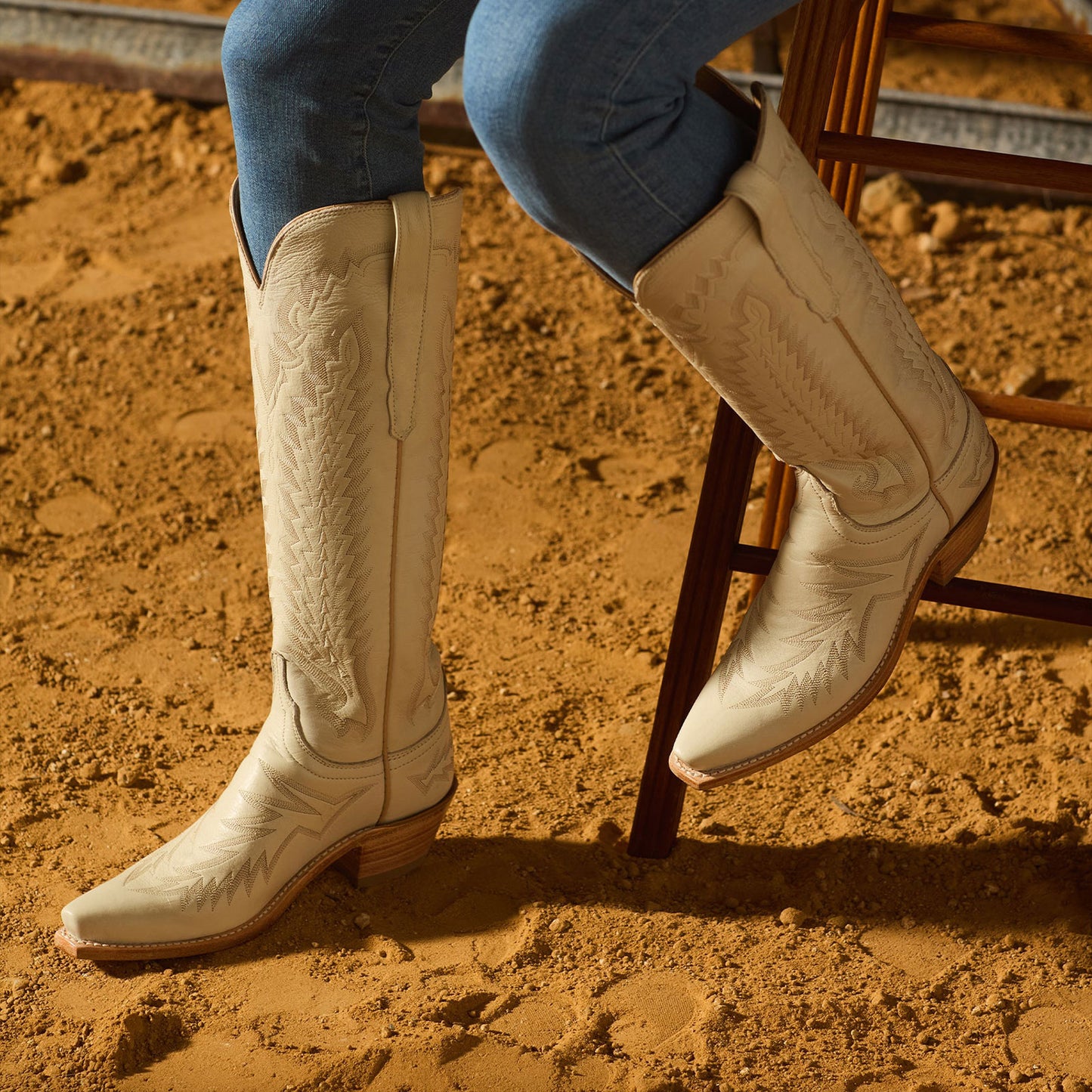Cream Snip-Toe Western Embroidery Wide Calf Knee High Cowgirl Boots