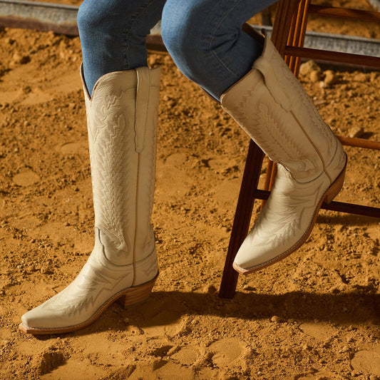 Cream Snip-Toe Western Embroidery Wide Calf Knee High Cowgirl Boots