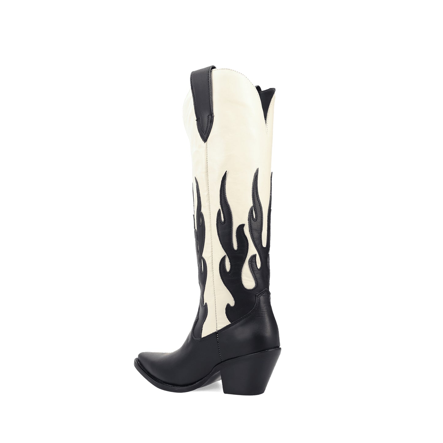 Contrast Black And Ivory Pointed-Toe Flame Appliques Wide Calf Knee High Cowgirl Boots