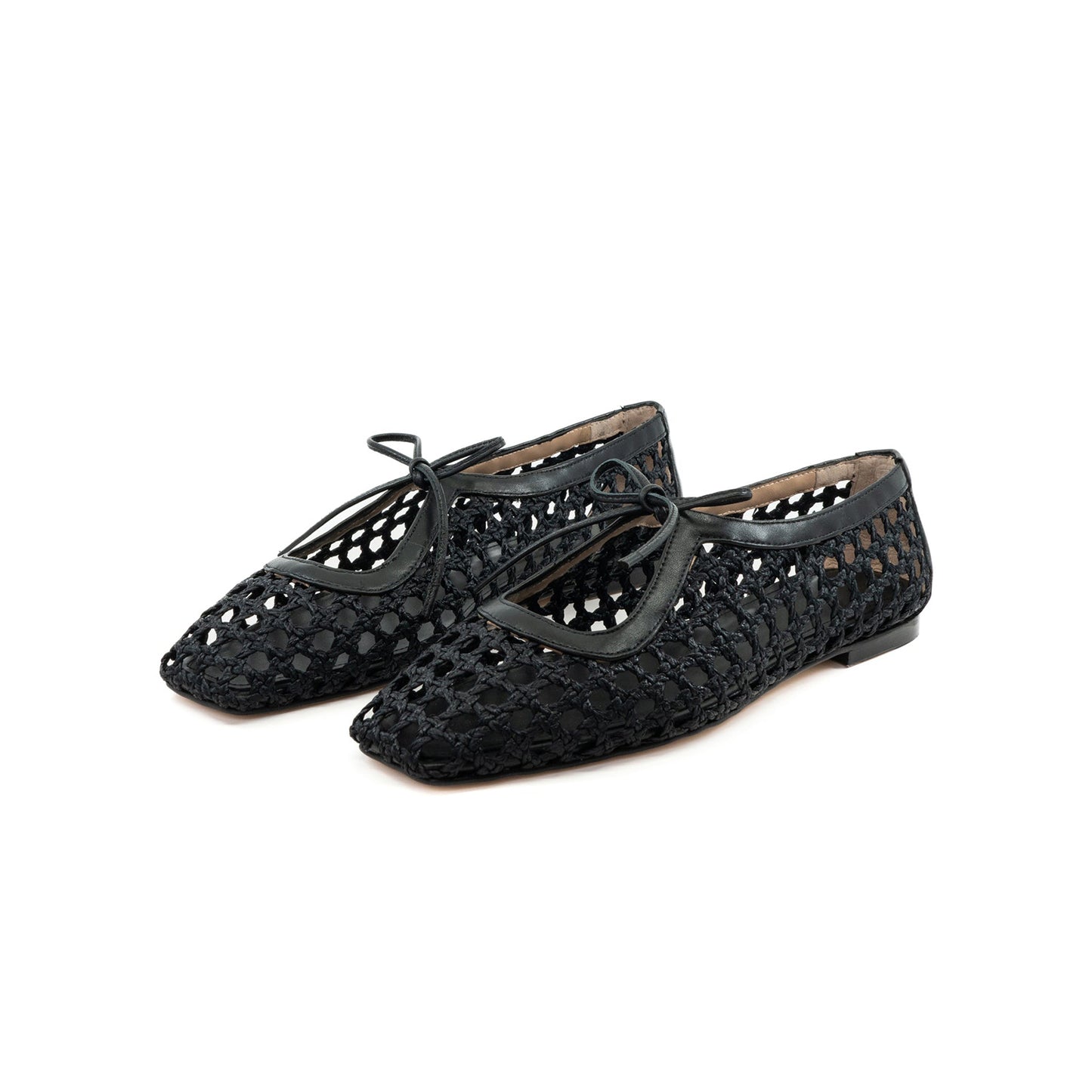 Black Woven Vegan Leather Square-Toe Vamp Strap With Bow Ballet Flats