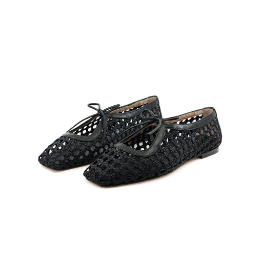 Black Woven Vegan Leather Square-Toe Vamp Strap With Bow Ballet Flats
