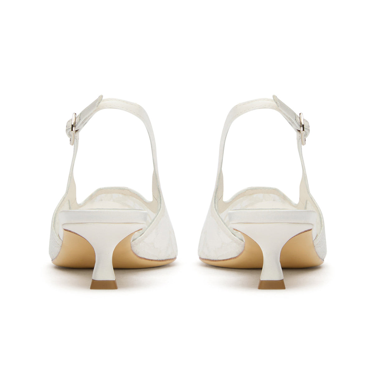 Chic Pointed-Toe Buckle Slingback Kitten Heels - Ivory Lace Mesh And Satin