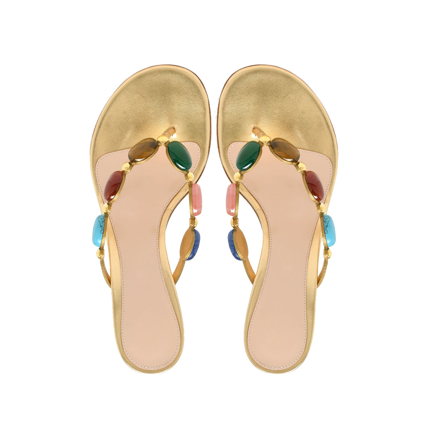 Metallic Gold Square-Toe Colorful Crystals Backless Kitten Heels