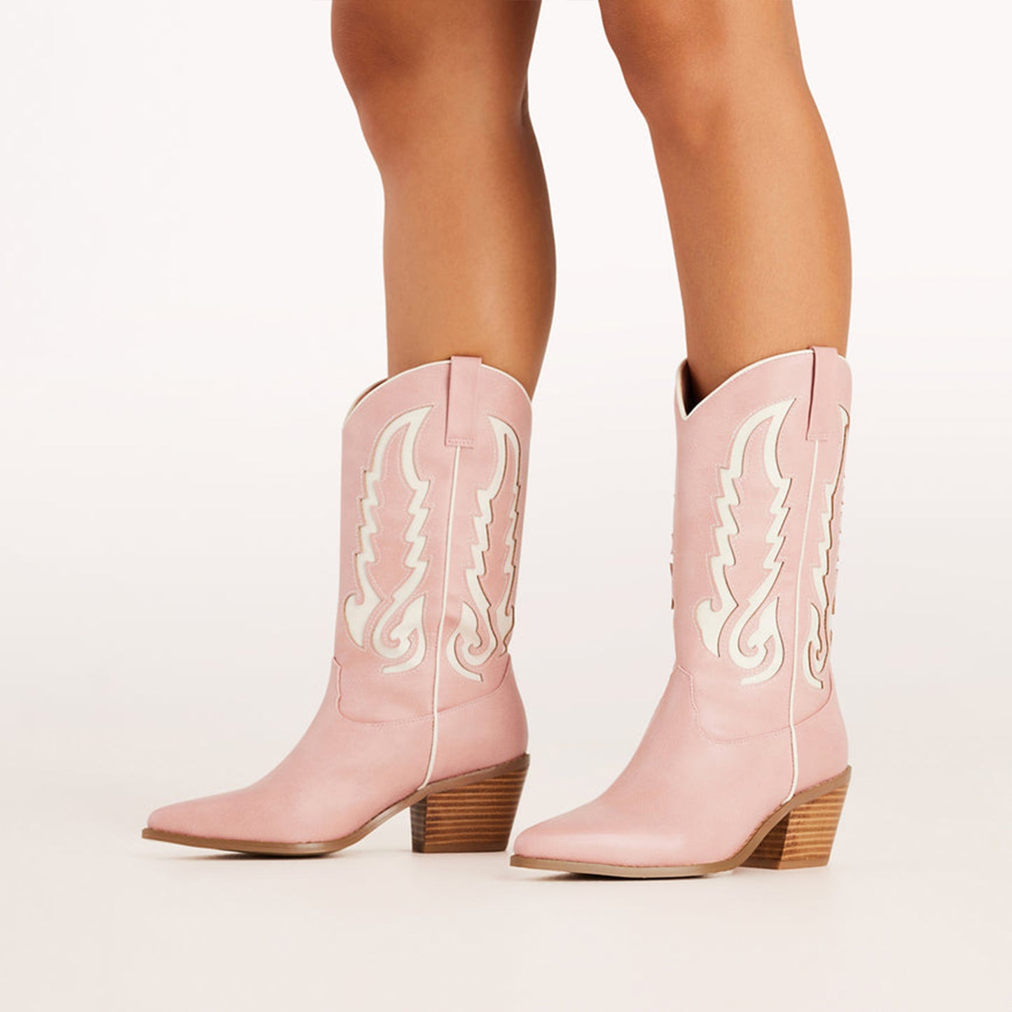 Pink Snip-Toe Chic Inlay Mid Calf Cowgirl Boots