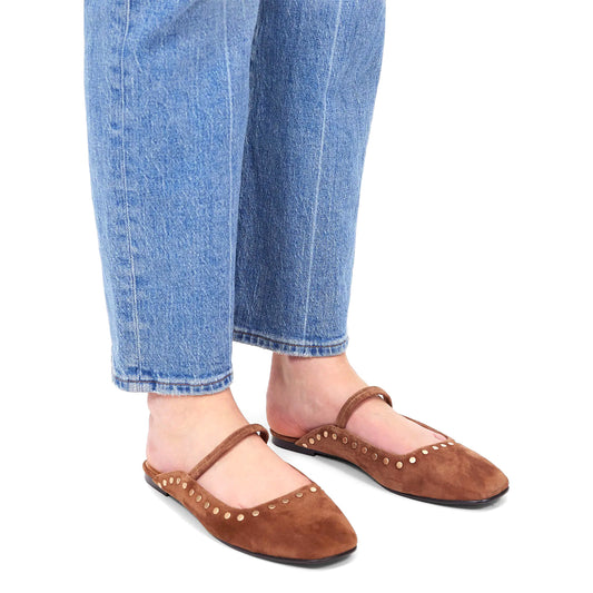 Cognac Faux Suede Square-Toe Bridge Strap Studded Slip-On Flats