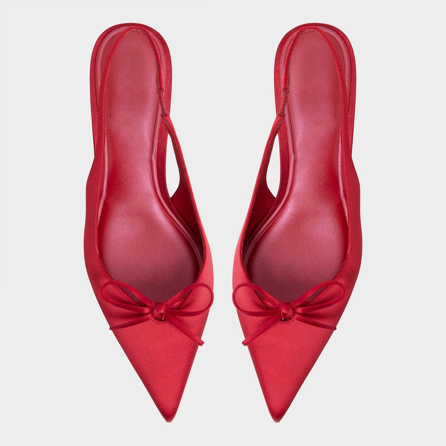 Red Satin Pointed-Toe Front Bow Classic Back Strap Kitten Heels