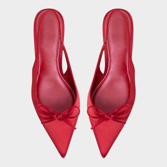 Red Satin Pointed-Toe Front Bow Classic Back Strap Kitten Heels