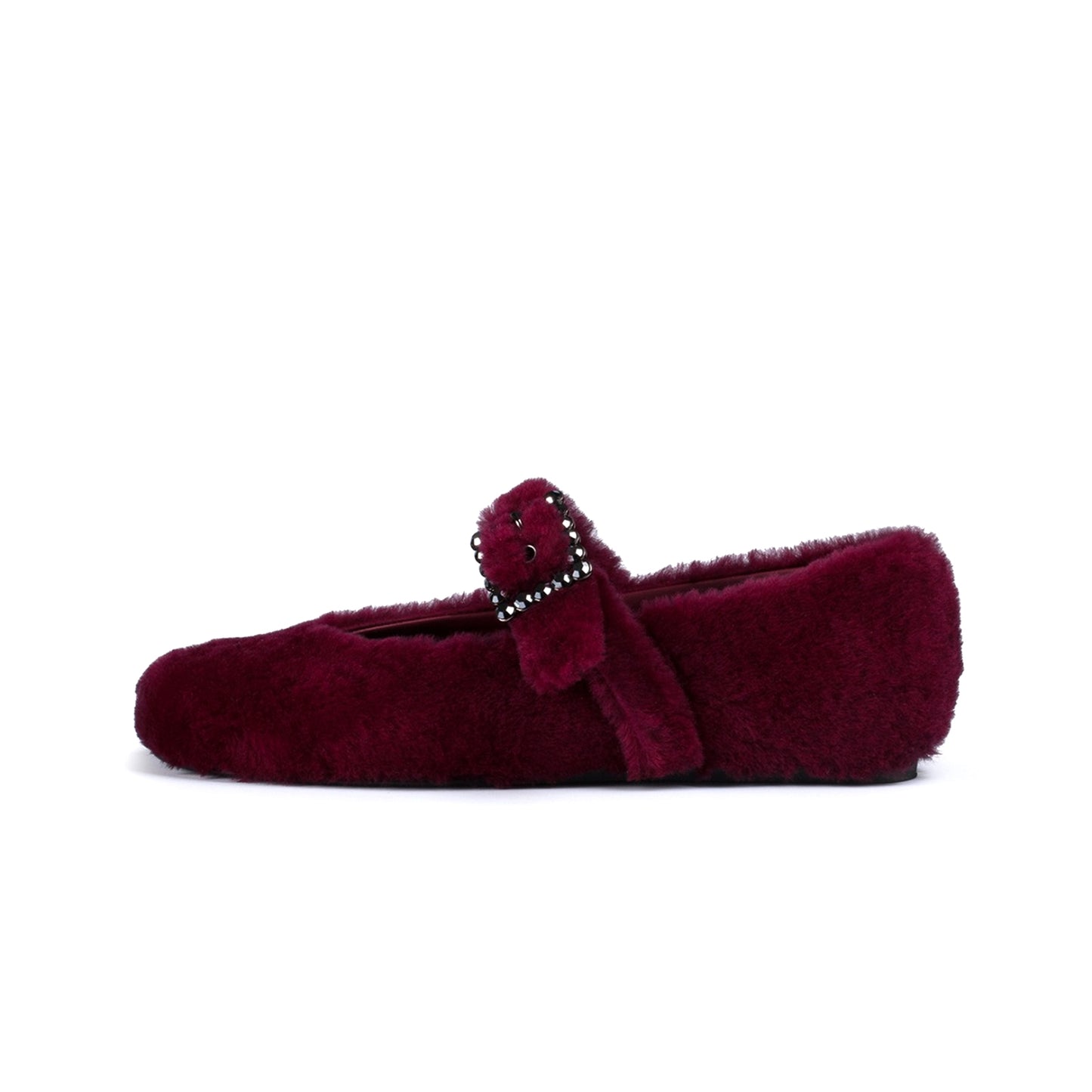 Cherry Red Full Plush Square-Toe Bridge Strap Ballet Flats