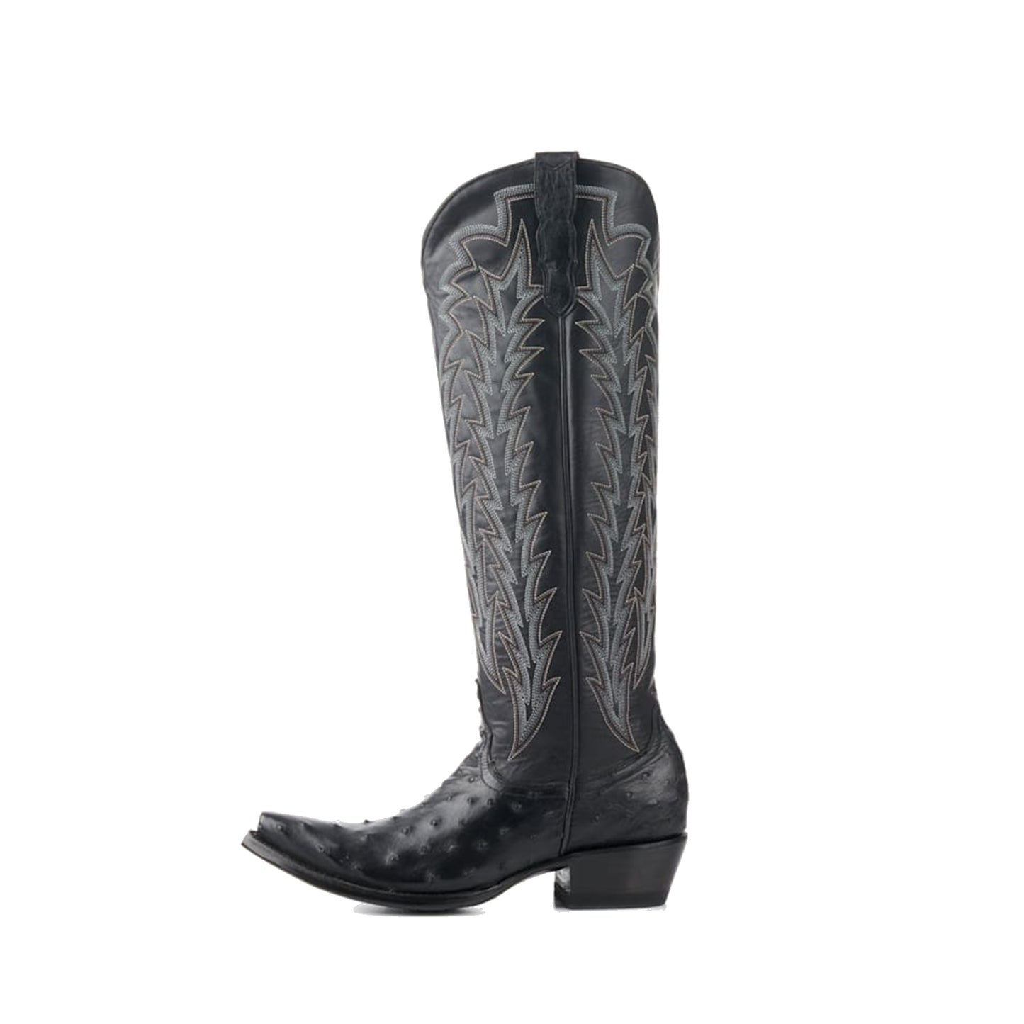 Black Contrast Vegan Leather And Ostrich Print Snip-Toe Embroidery Classic Wide Calf Knee High Cowgirl Boots
