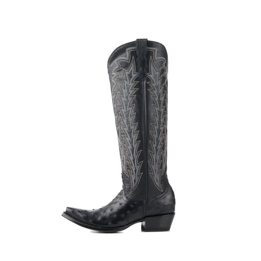 Black Contrast Vegan Leather And Ostrich Print Snip-Toe Embroidery Classic Wide Calf Knee High Cowgirl Boots