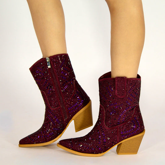 Maroon Faux Suede Pointed-Toe Full Crystals Full-Zip Ankle Cowgirl Boots