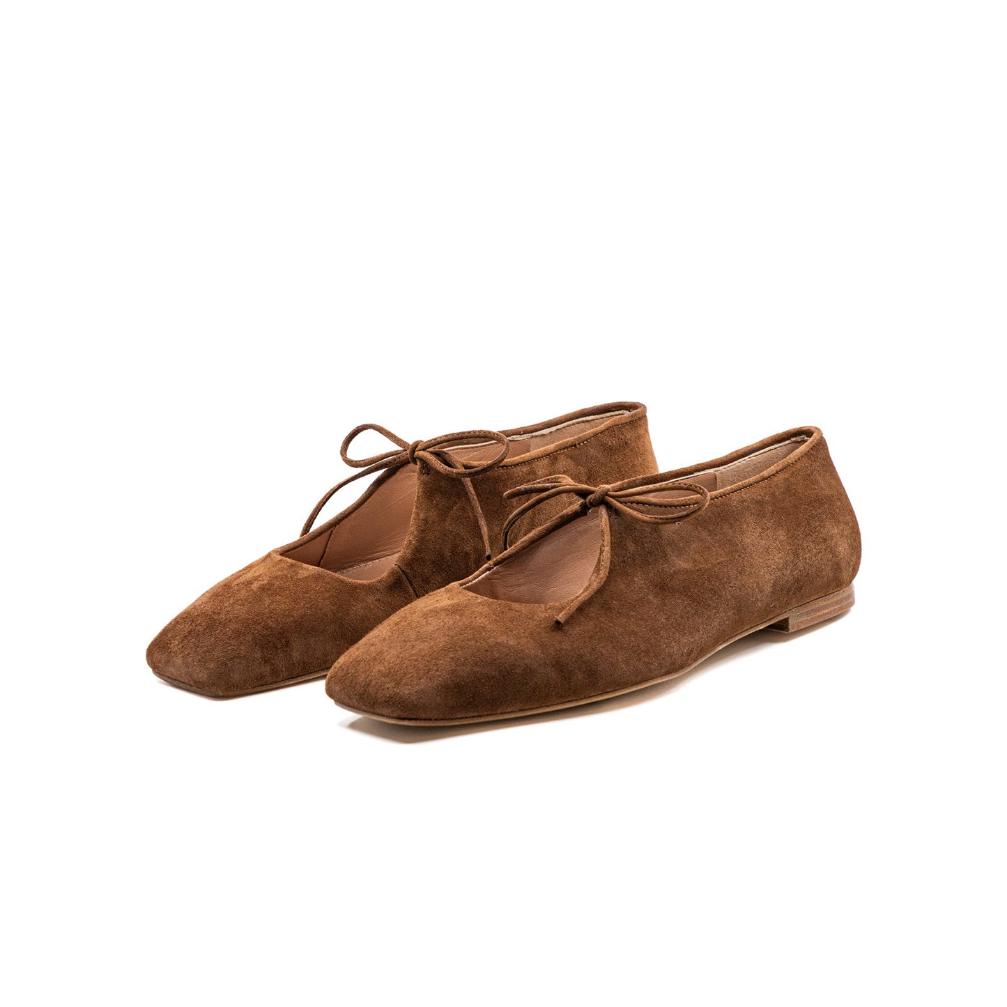 Brown Faux Suede Square-Toe Vamp Strap With Bow Ballet Flats