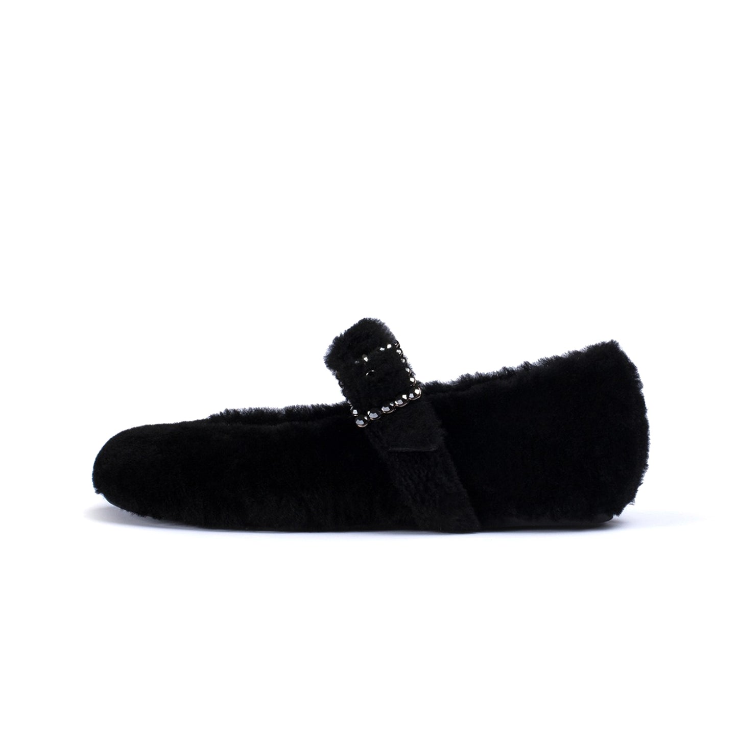 Black Full Plush Square-Toe Bridge Strap Ballet Flats