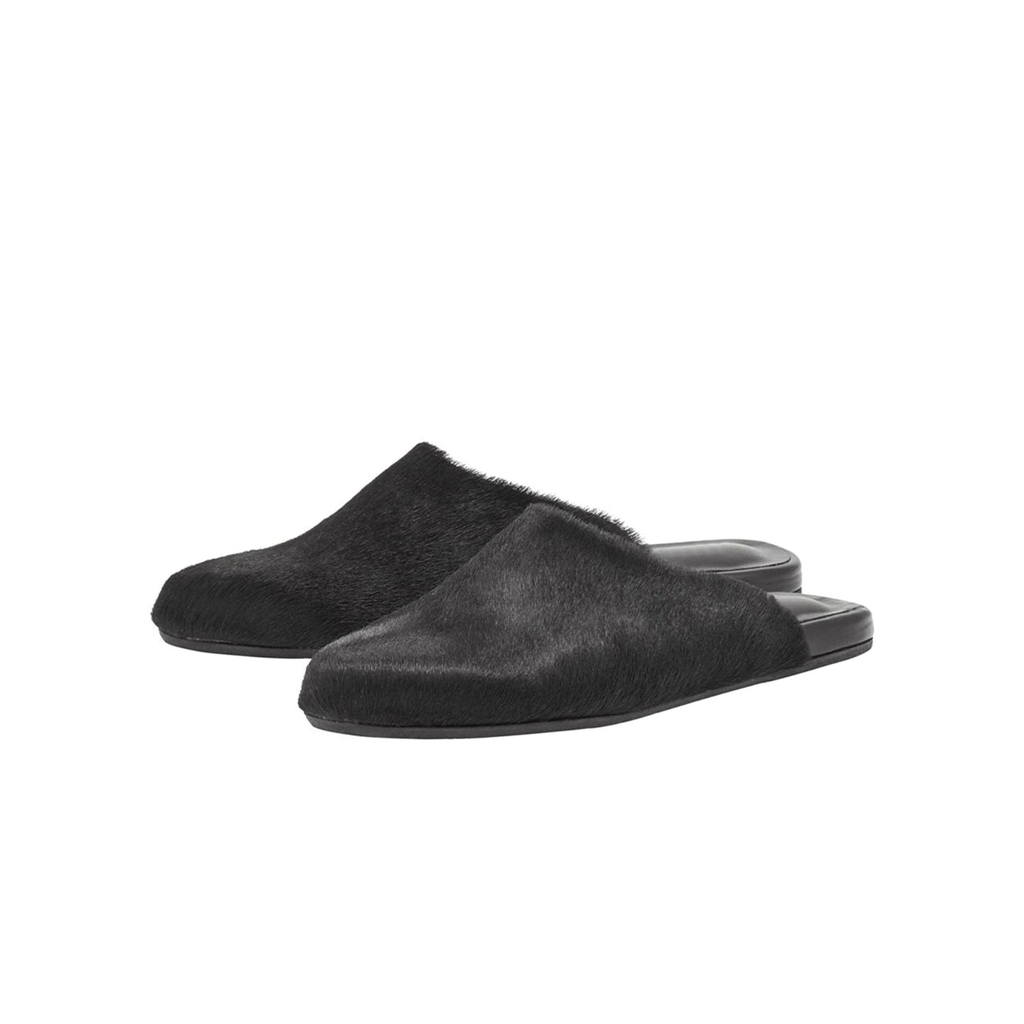 Black Pony Hair Round-Toe Slipper Backless Flats