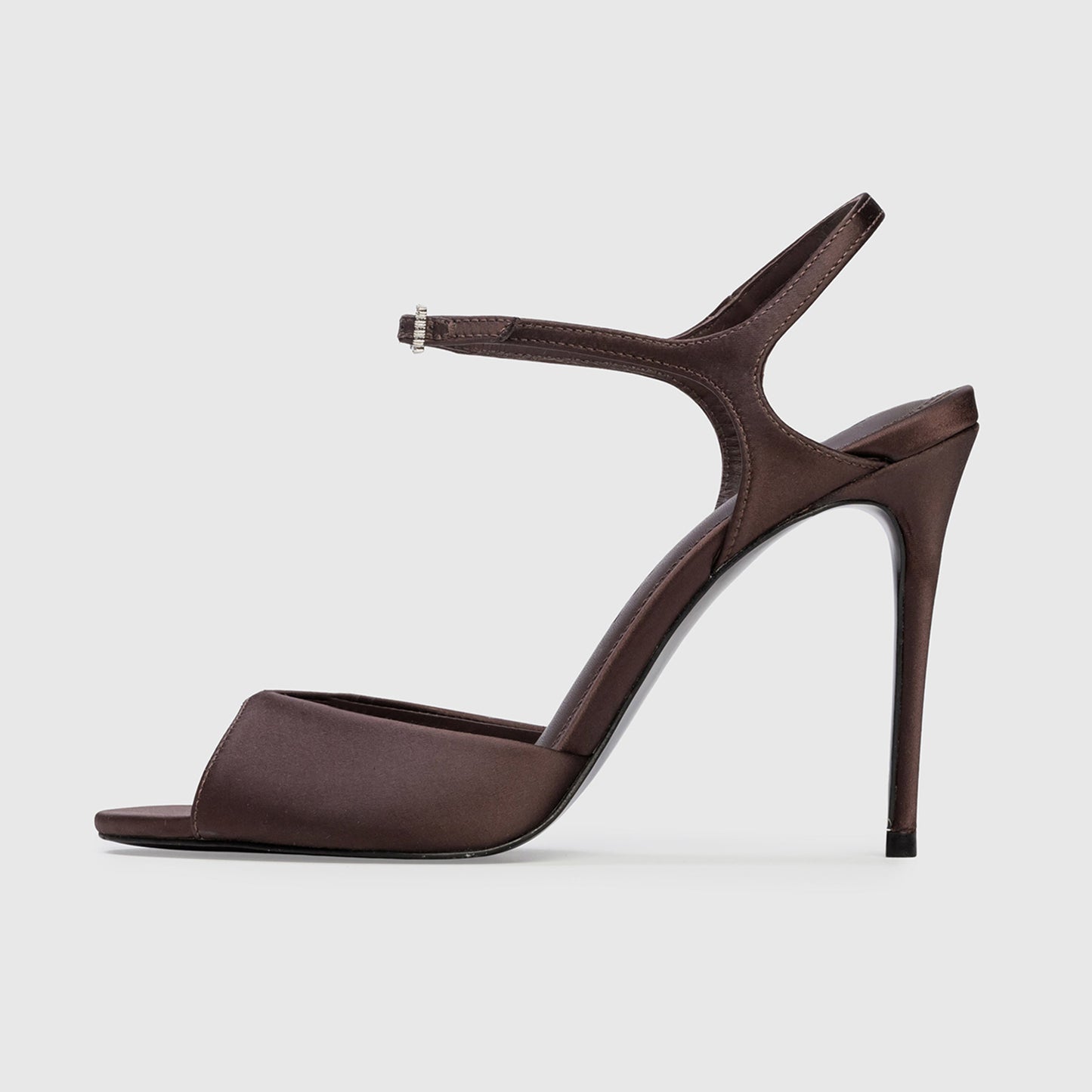 Coffee Satin Peep Round-Toe Ankle Strap Sandals High Heels
