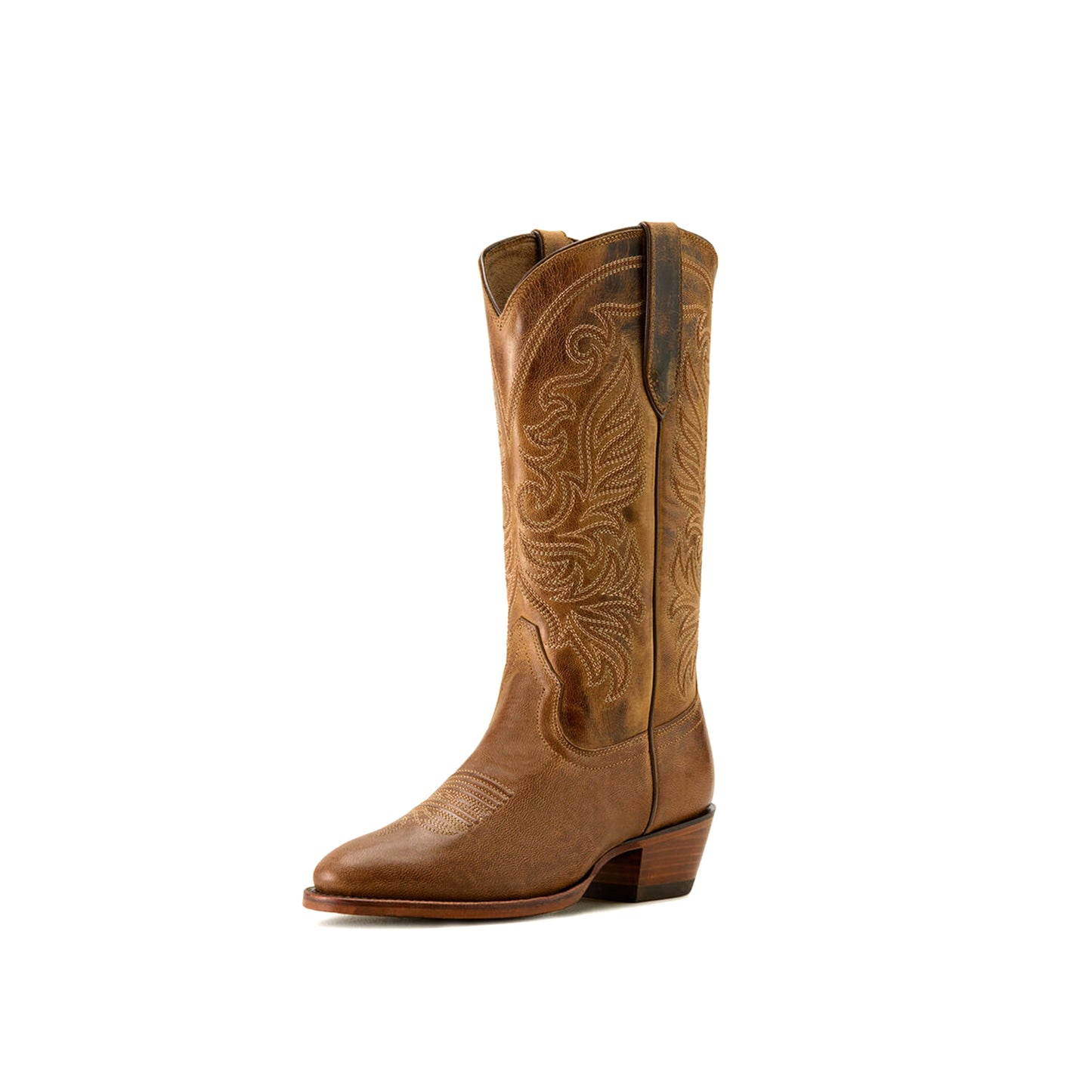 Tan Round-Toe Classic Embroidery Mid Calf Cowgirl Boots