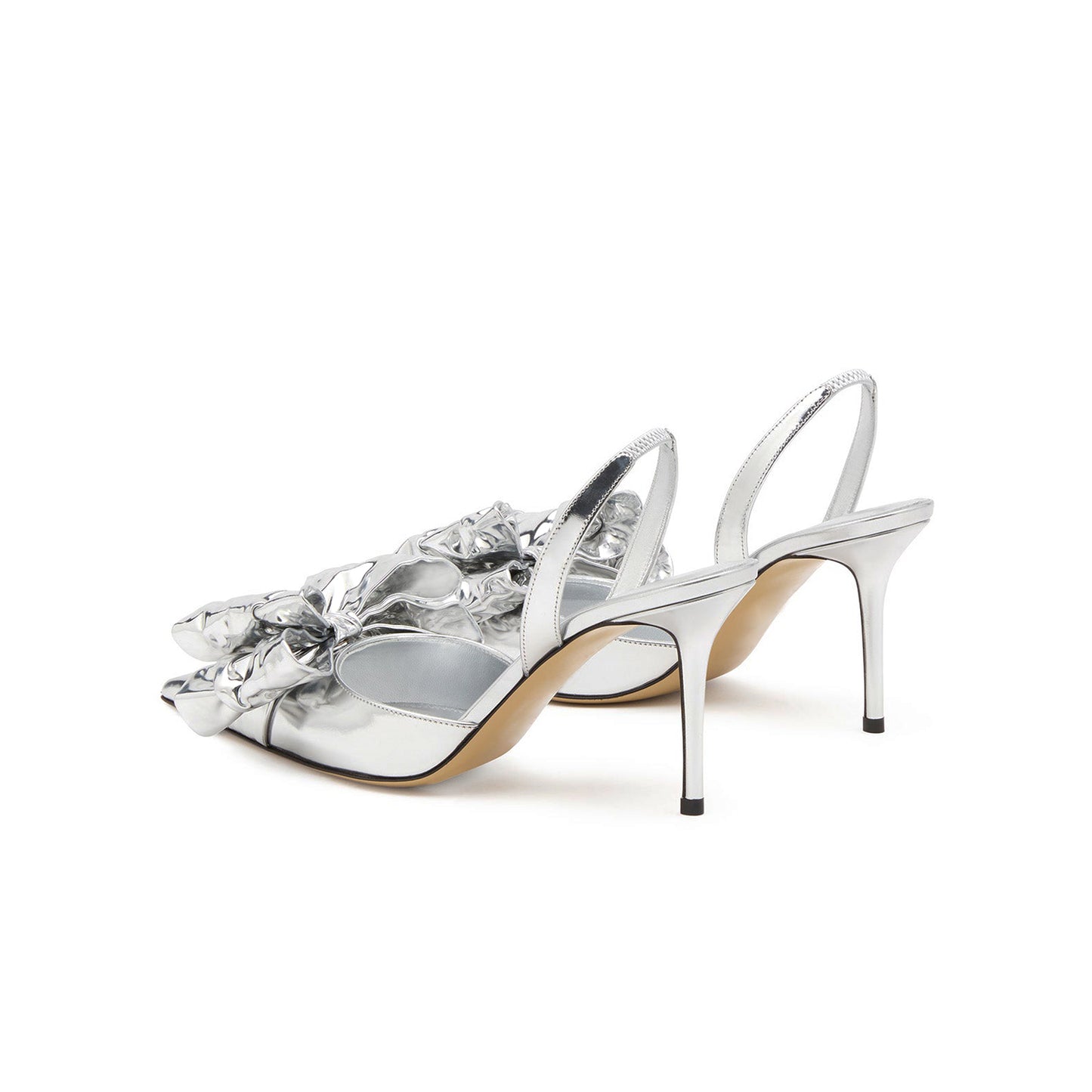 Metallic Silver Pointed-Toe Front Big Bow Slingback Chic High Heels