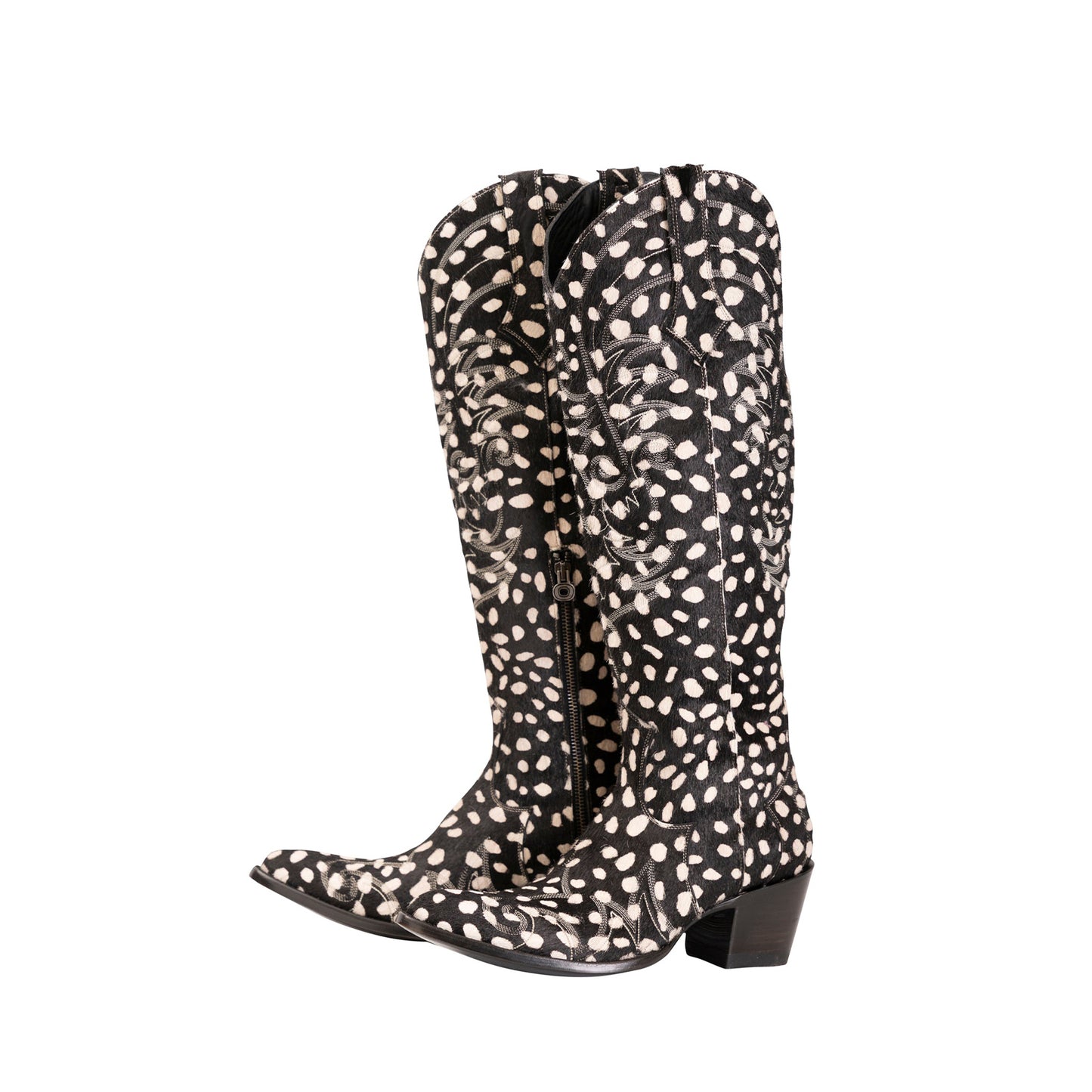 Cow Pattern Almond-Toe Embroidery Half-Zip Knee High Cowgirl Boots