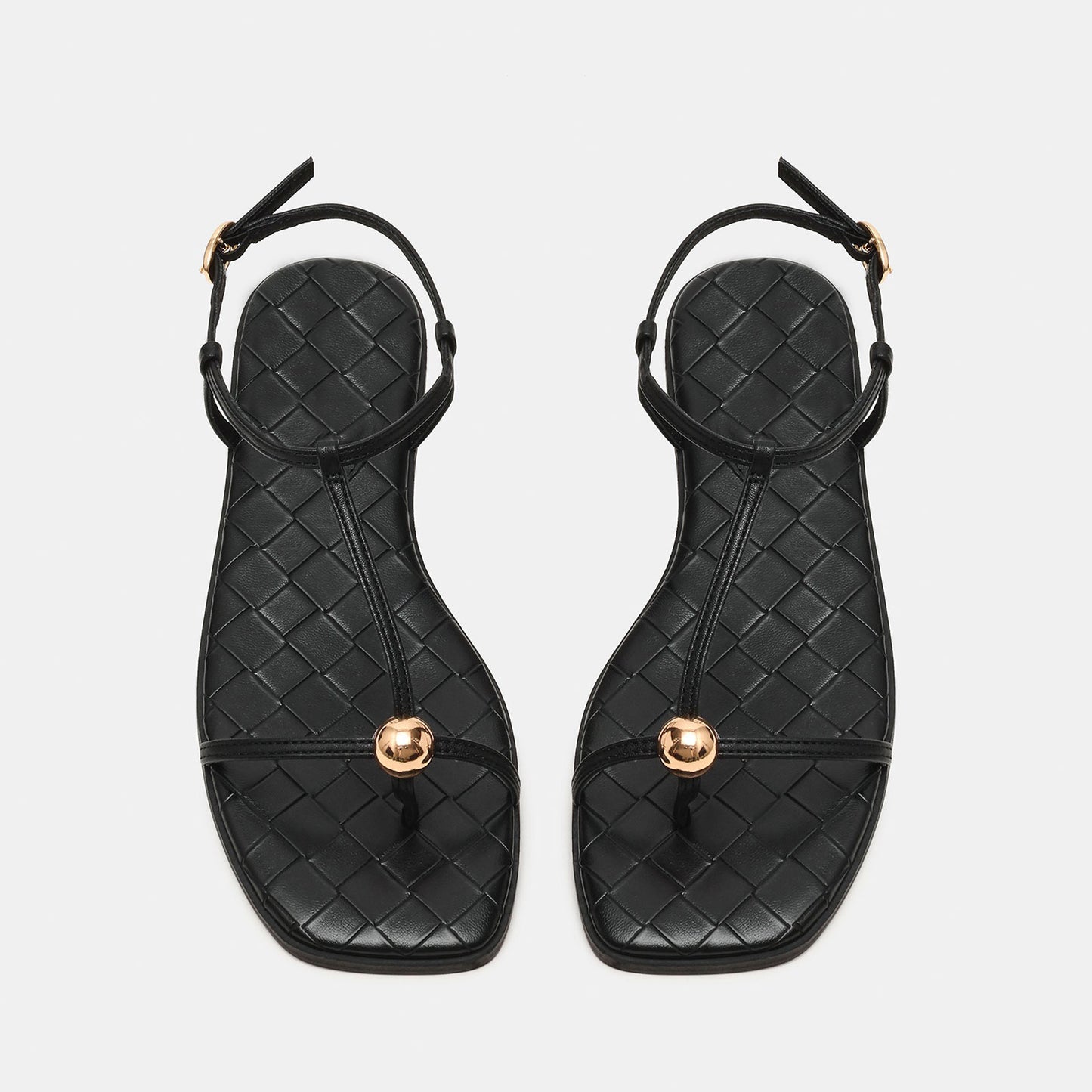 Classic Black Square-Toe Strappy Ankle Strap Sandals Flats