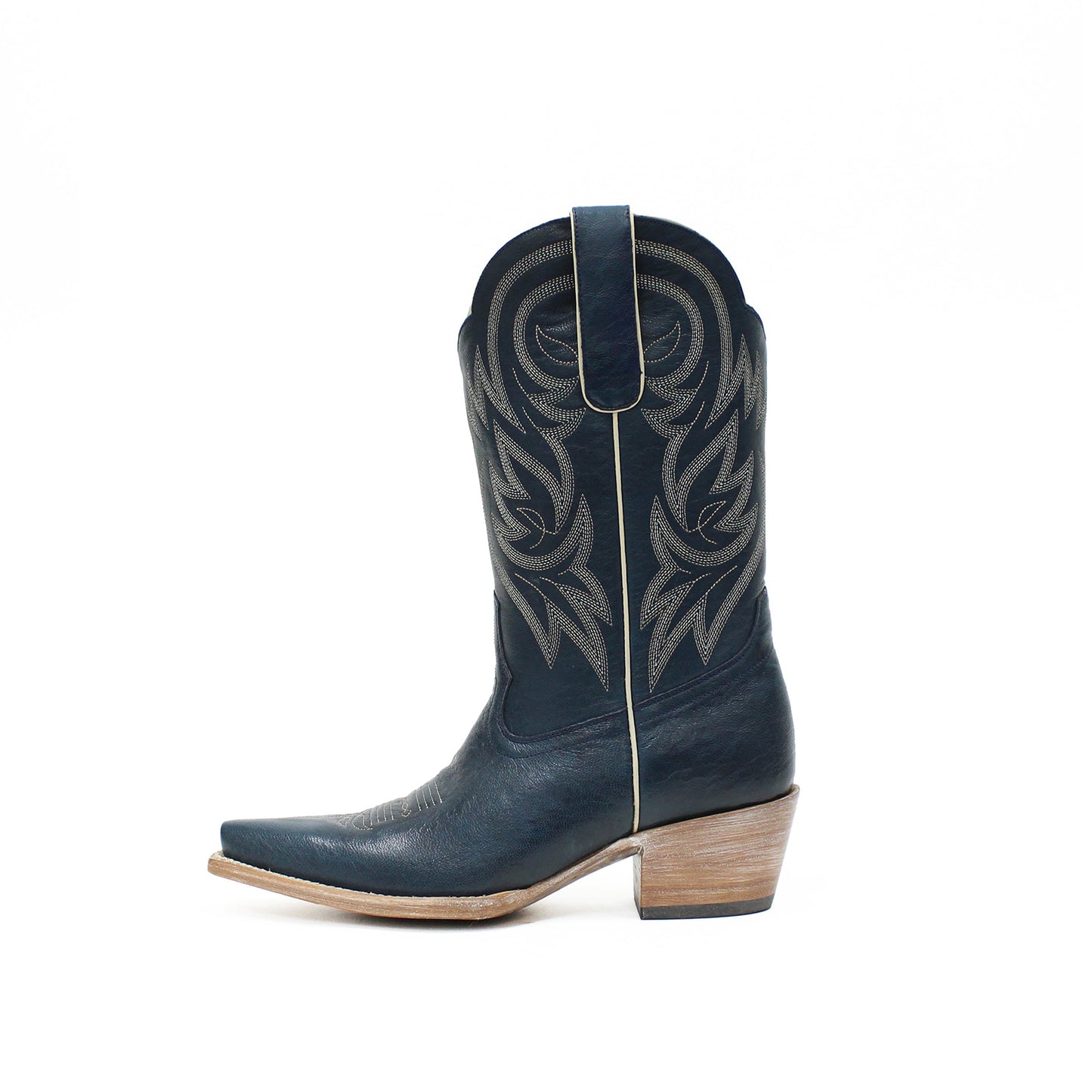 Dark Blue Snip-Toe Western Embroidery Mid Calf Cowgirl Boots