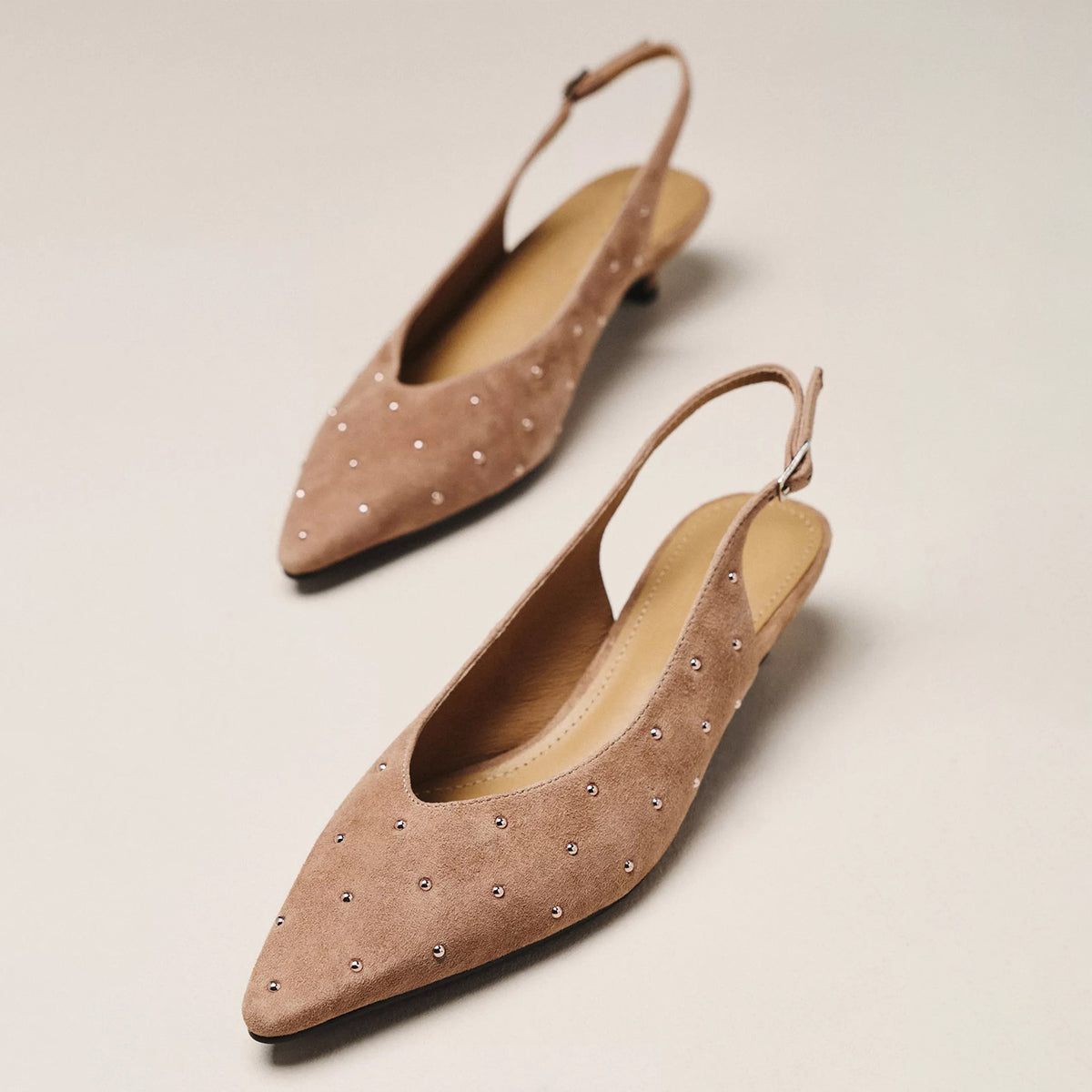 Taupe Faux Suede Pointed-Toe Full Tiny Studs Back Strap Kitten Heels