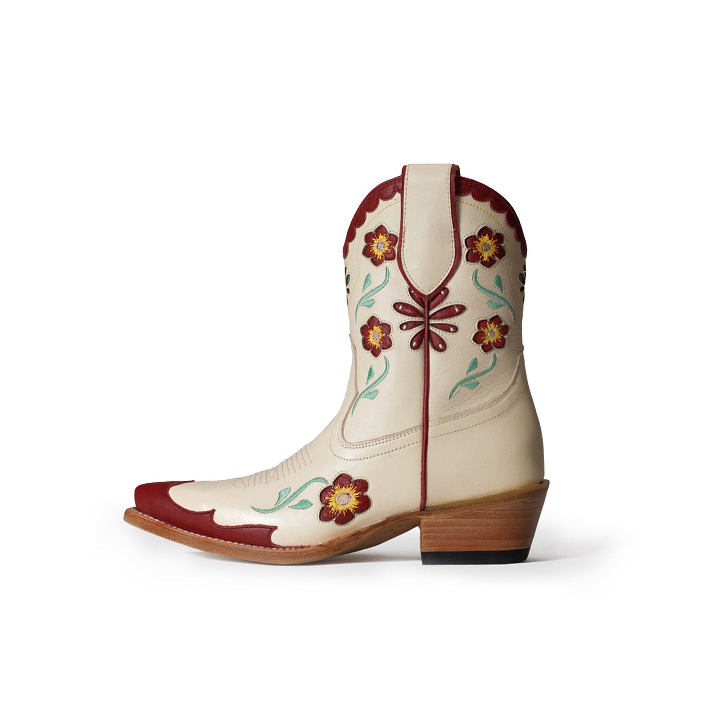 Cream Snip-Toe Flowers Inlay Stamen Embroidery Ankle Cowgirl Boots