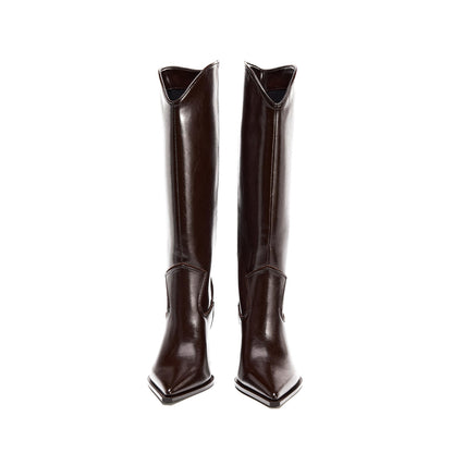 Dark Brown Pointed-Toe Simple Wide Calf Knee High Cowgirl Boots