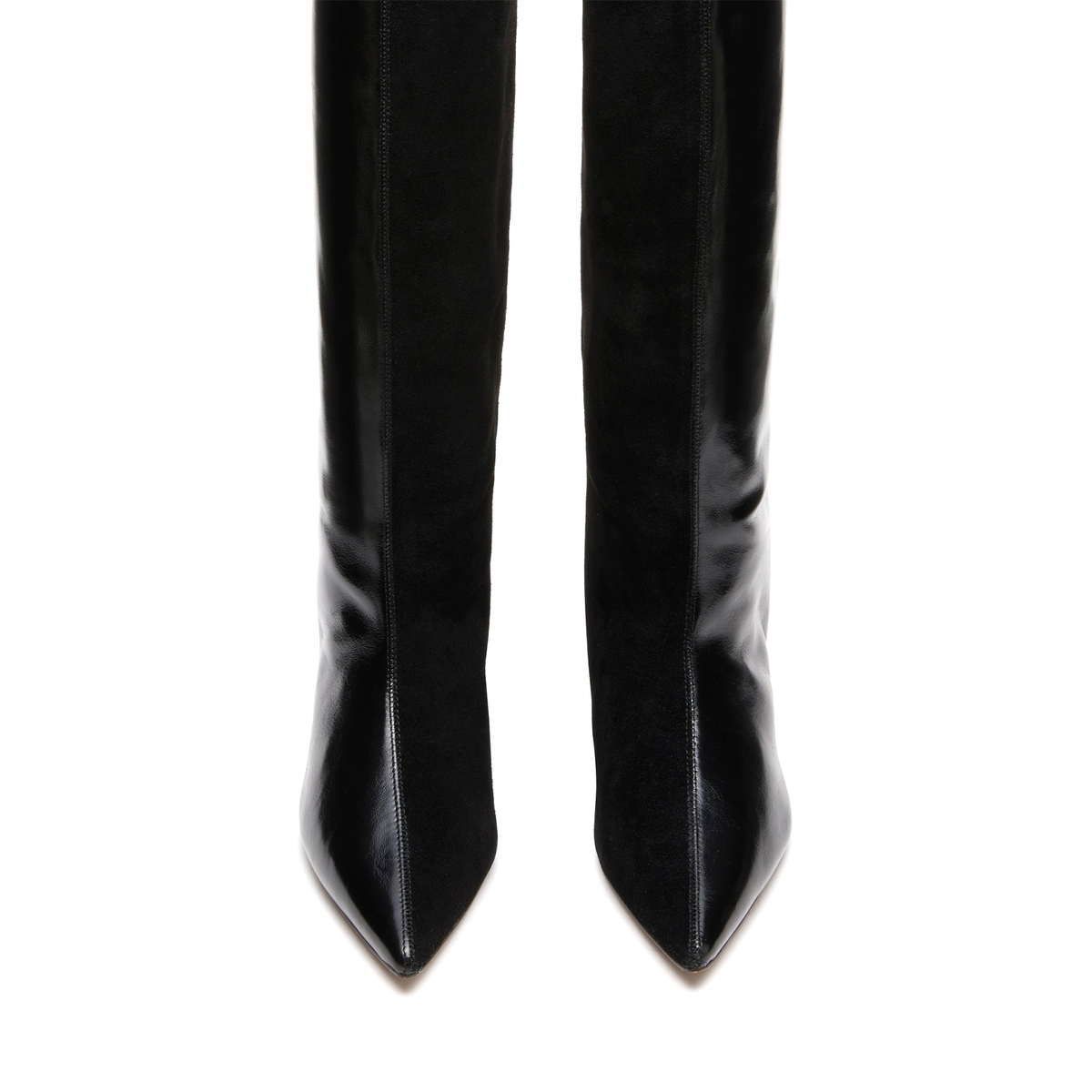 Black Faux Suede And Vegan Leather Pointed-Toe Wide Calf Knee High Stiletto Boots