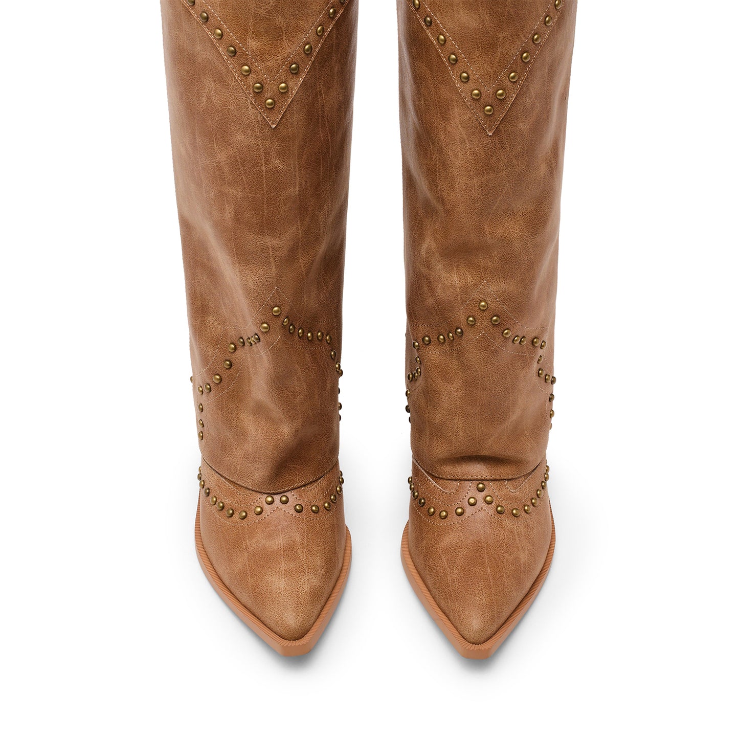 Cognac Pointed-Toe Studded Fold-Over Wide Calf Knee High Cowgirl Boots