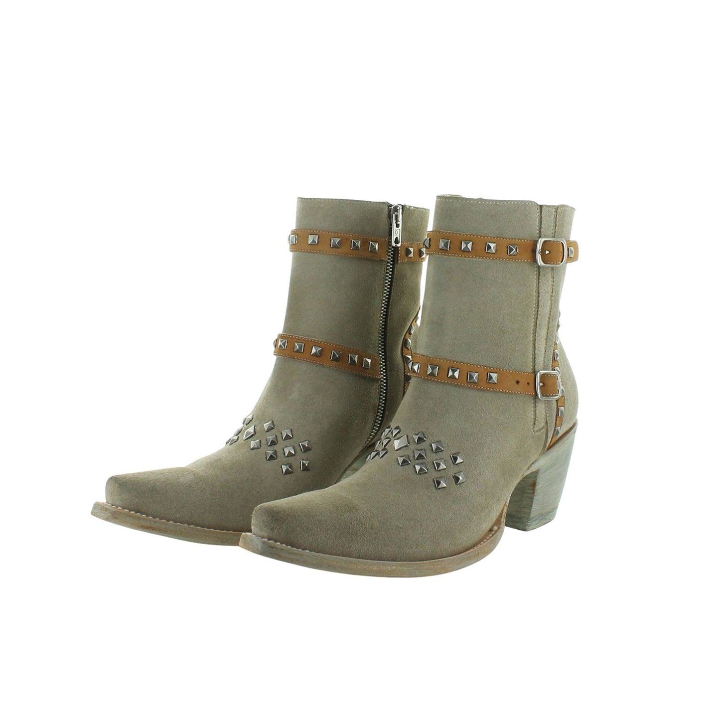 Gray Faux Suede Snip-Toe Studs And Studded Straps Full-Zip Cowgirl Ankle Boots