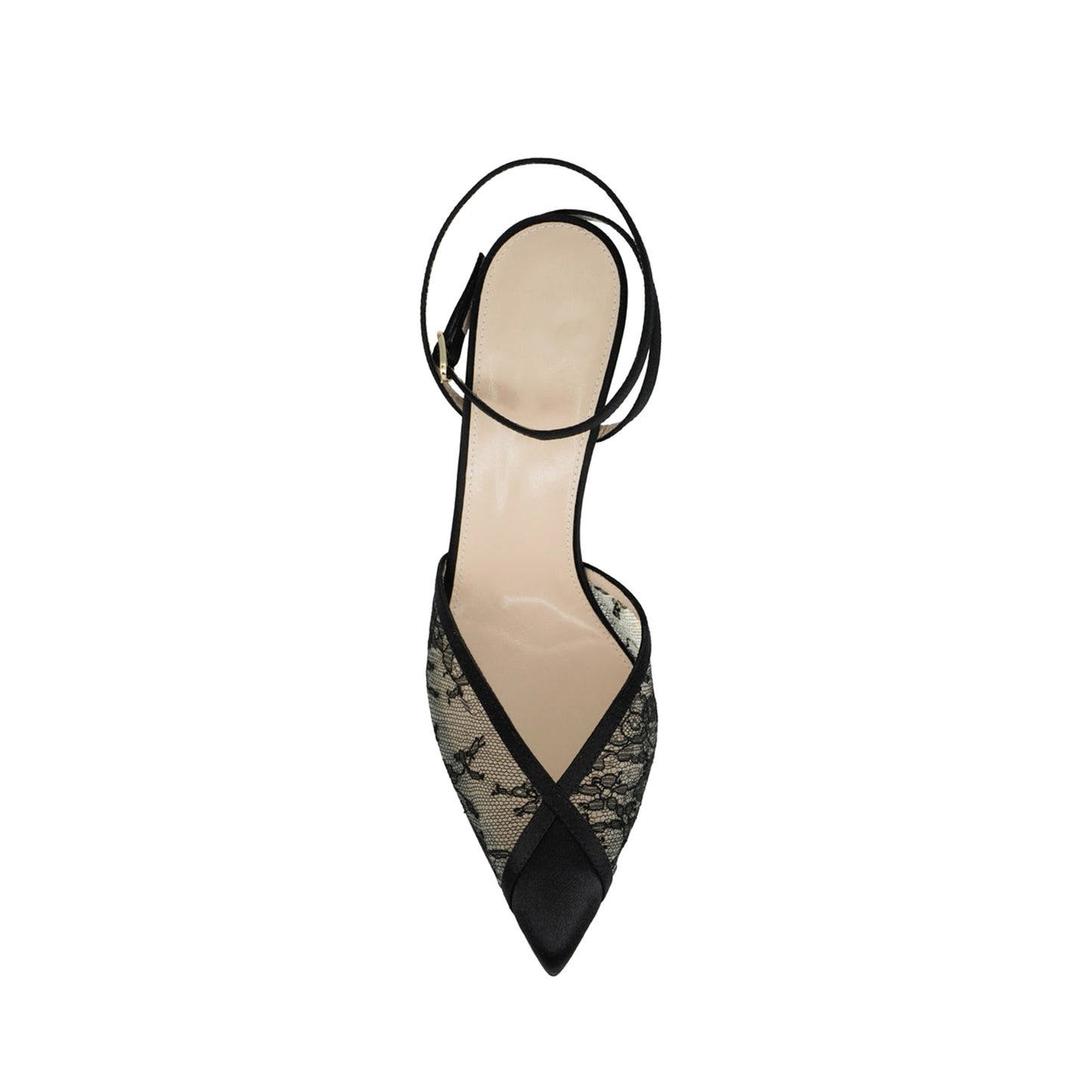 Black Lace Mesh And Satin Pointed-Toe Ankle Strap Classic High Heels