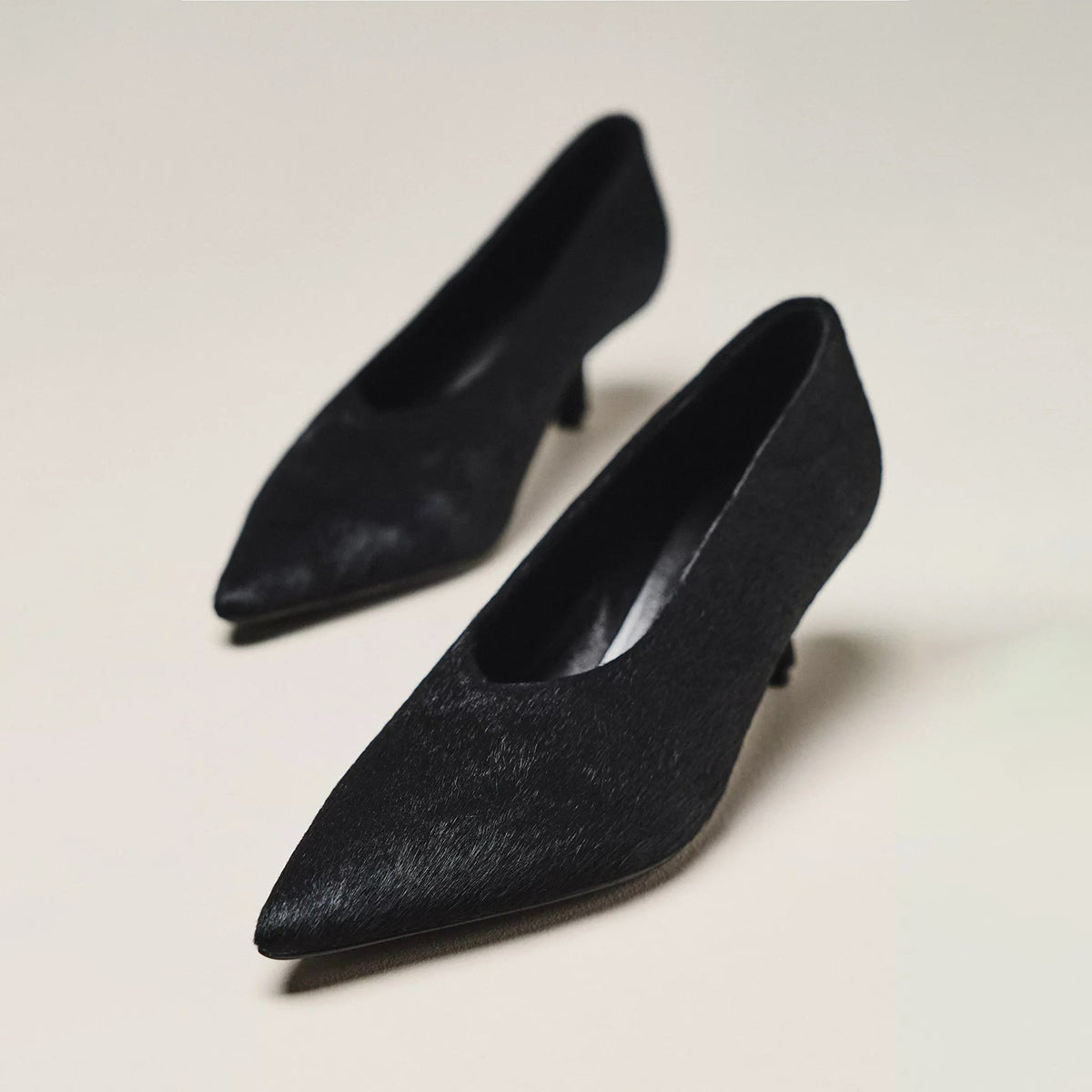 Black Pony Hair Vegan Leather Pointed-Toe Slip-On Chic Kitten Heels